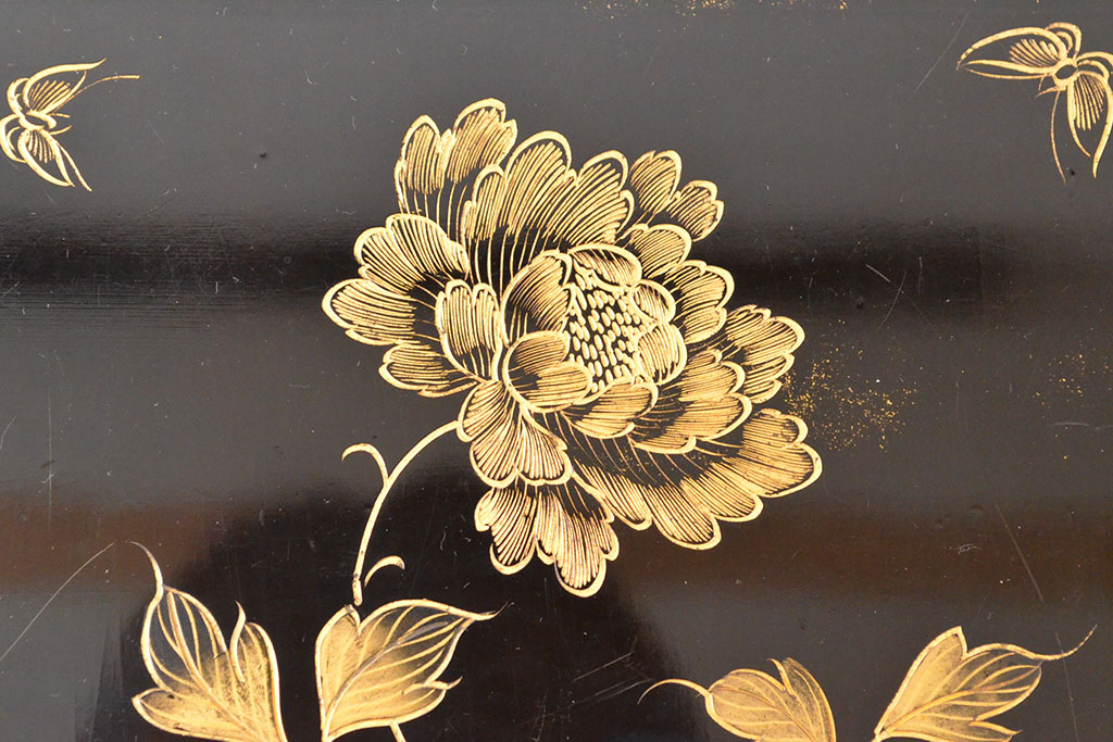 大正〜昭和初期 花鳥図 黒漆金蒔絵 木製五段重箱(漆器)(R-052245