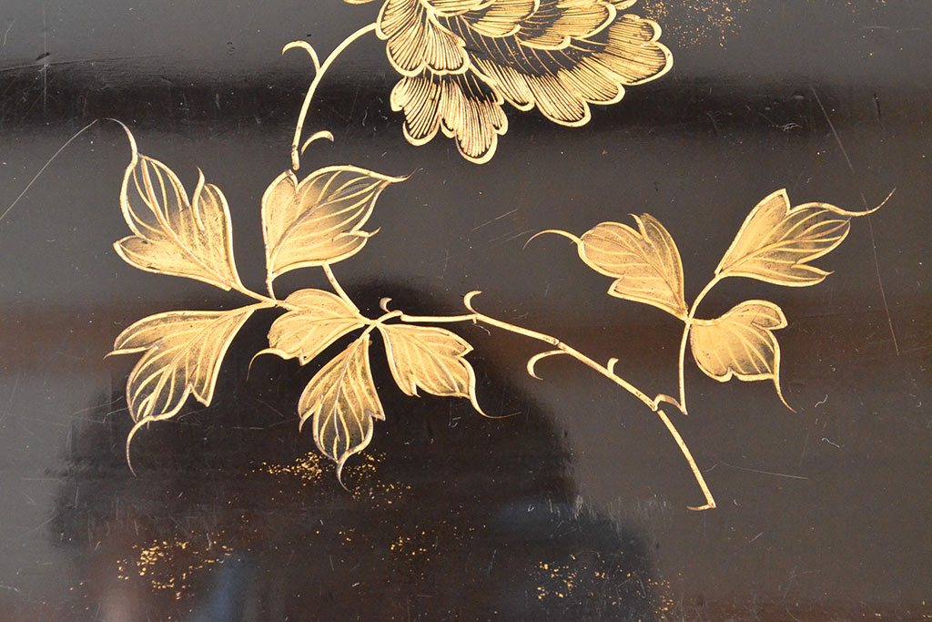 大正〜昭和初期　花鳥図　黒漆金蒔絵　木製五段重箱(漆器)(R-052245)