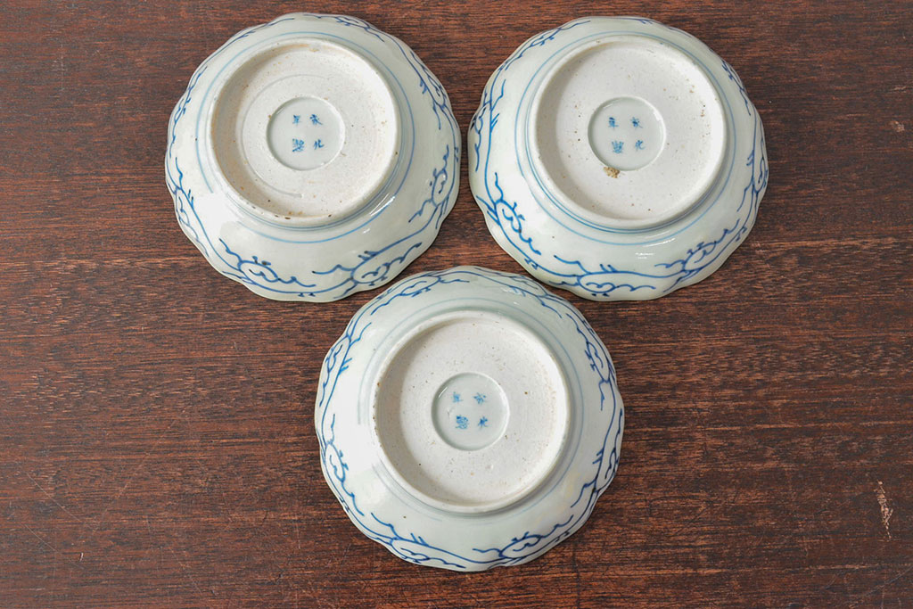 江戸後期　古伊万里　成化年製　微塵唐草文染付　なます皿3枚セット(和食器)(R-052254)