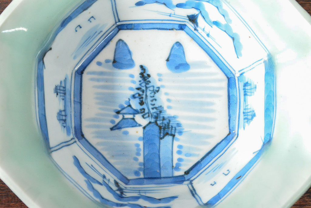 江戸期 古伊万里 青磁染付 深鉢(深皿、和食器)(R-052312