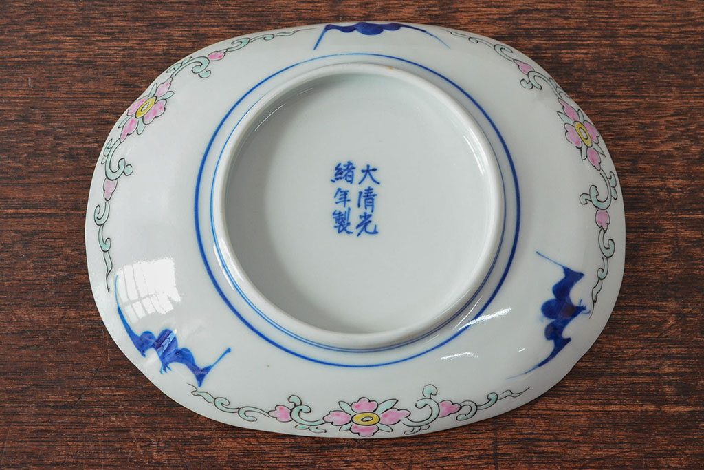 大清光緒年製　色絵染付　楕円変形皿3枚(伊万里、中国?)(R-052350)