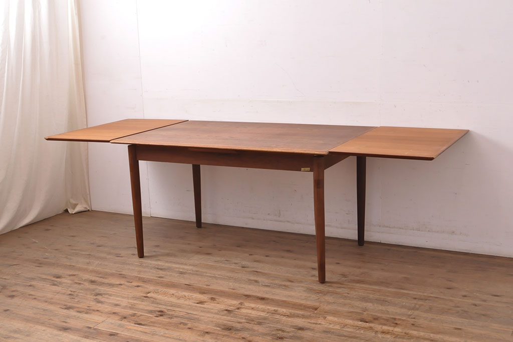 デンマークビンテージ チーク材 シンプルかつスタイリッシュな佇まいが魅力的なエクステンションテーブル(ダイニングテーブル、食卓、作業台、ヴィンテージ、北欧)(R-052360)  ラフジュ工房