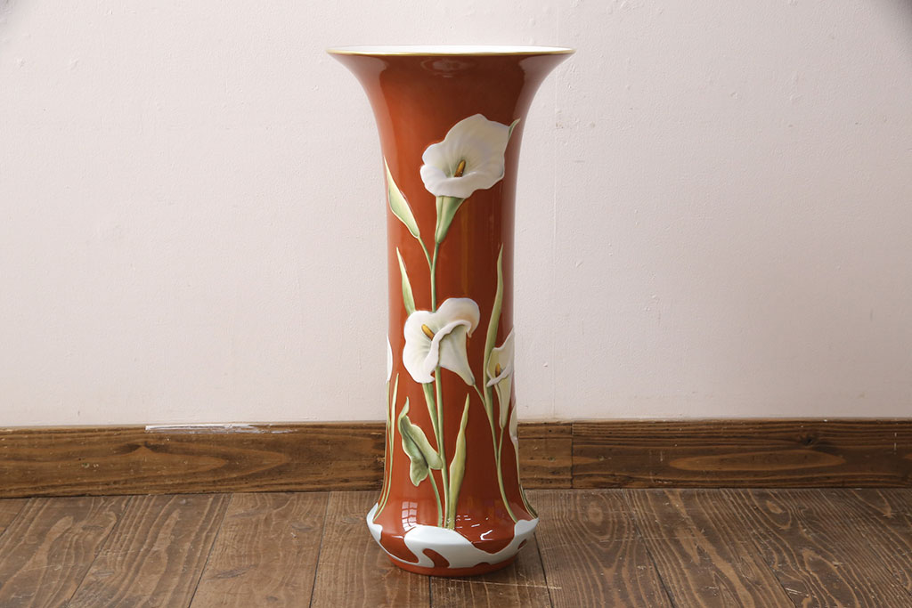特大　ヘレンド　立体花柄花瓶　53cm(HEREND、フラワーベース、ハンガリー)(R-052413)