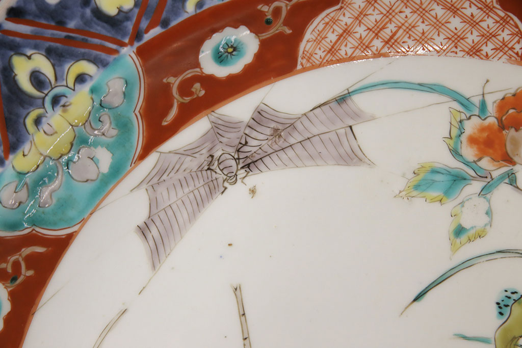 江戸期　古伊万里　花鳥にトンボとクモ　色絵一尺四寸大皿(和食器)(R-052419)