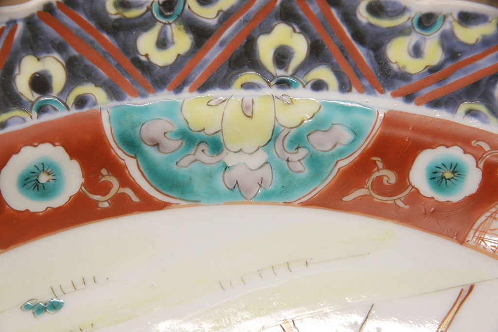 江戸期　古伊万里　花鳥にトンボとクモ　色絵一尺四寸大皿(和食器)(R-052419)