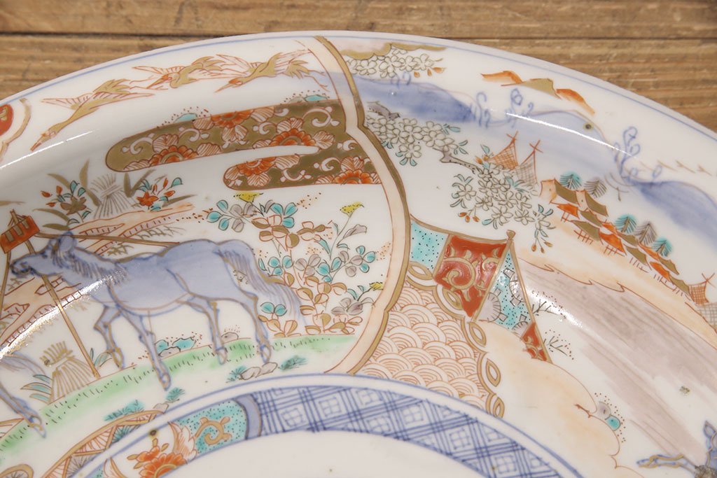 江戸幕末　古伊万里　馬図　色絵染付　一尺二寸大皿(和食器)(R-052421)
