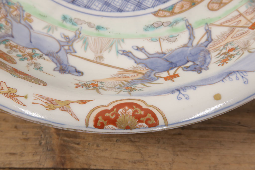 江戸幕末　古伊万里　馬図　色絵染付　一尺二寸大皿(和食器)(R-052421)