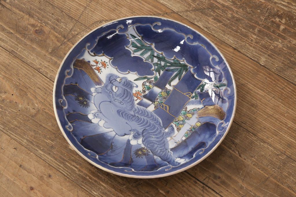 江戸期　古伊万里　竹虎図　染付　大皿29cm(和食器)(R-052422)