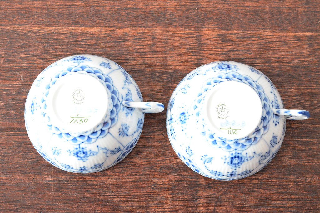 ROYAL COPENHAGEN　ロイヤルコペンハーゲン　ブルーフルーテッド　フルレース　カップ&ソーサー2客(洋食器)(定価88,000円)(R-052459)