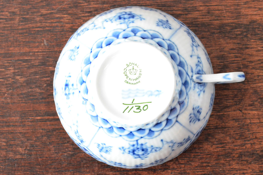 ROYAL COPENHAGEN　ロイヤルコペンハーゲン　ブルーフルーテッド　フルレース　カップ&ソーサー2客(洋食器)(定価88,000円)(R-052459)