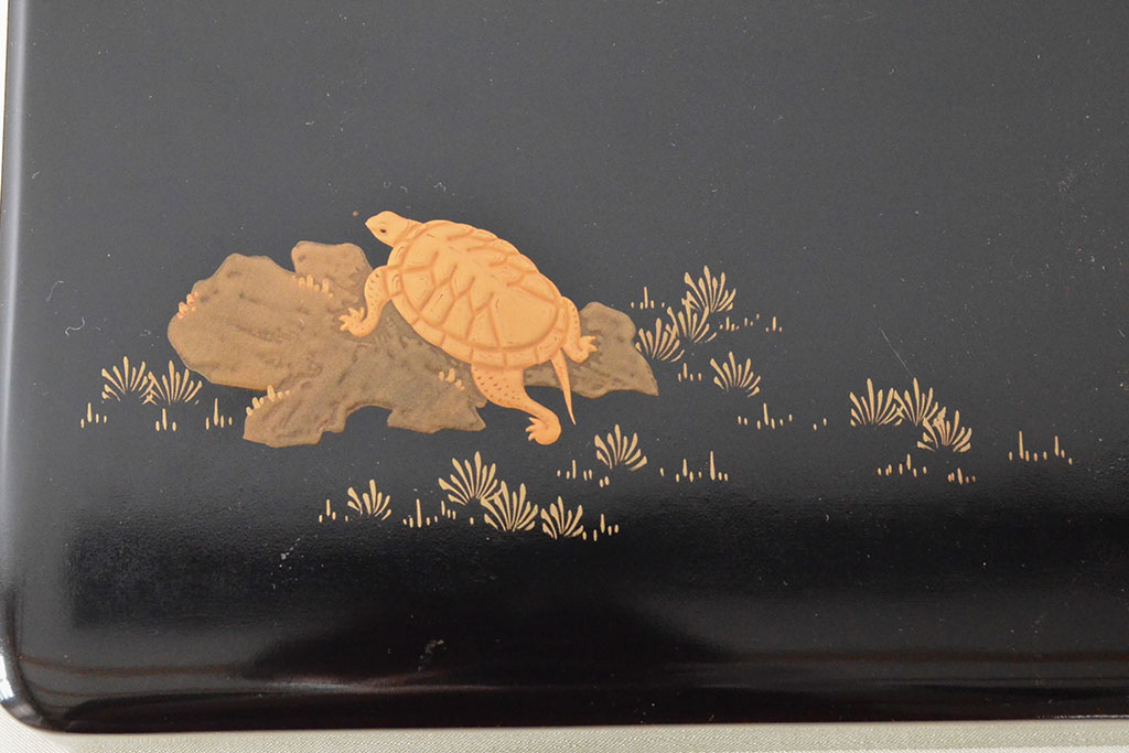 明治〜大正　鶴亀図　金蒔絵内梨地　小箱(木製、漆器、文箱、硯箱)(R-052517)