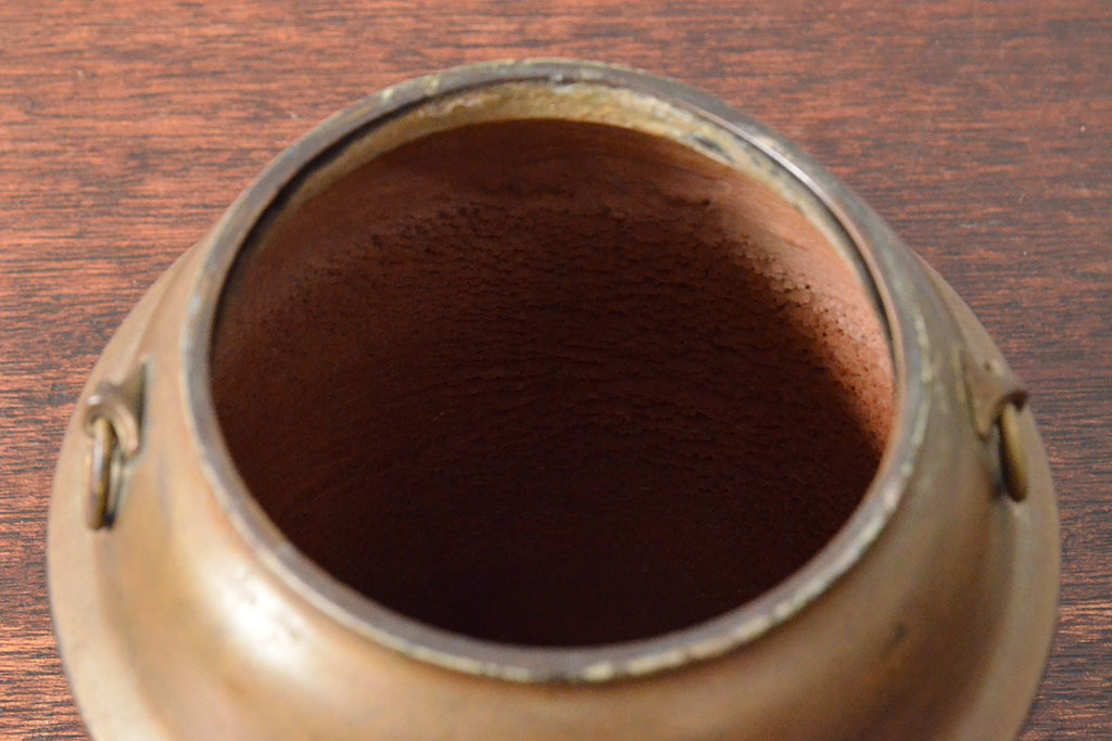 明治〜大正　銅製銅壷(湯釜、陽刻、茶道具、銅壺)(R-052577)