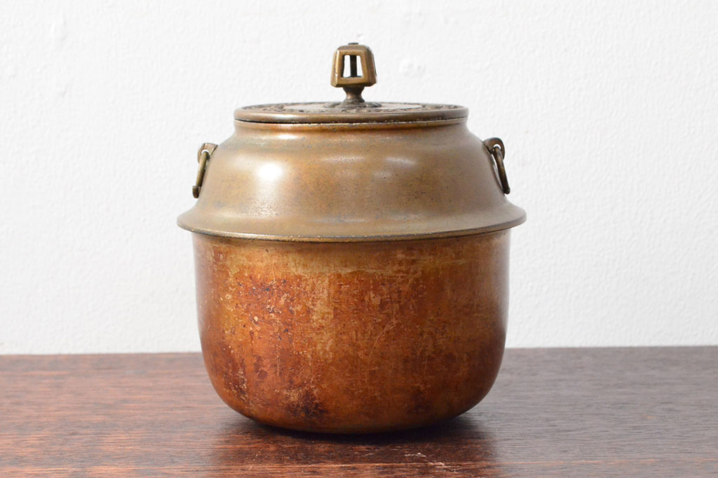 明治〜大正　銅製銅壷(湯釜、陽刻、茶道具、銅壺)(R-052577)