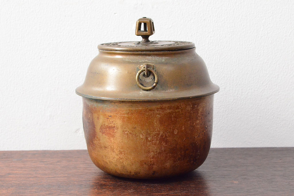 明治〜大正　銅製銅壷(湯釜、陽刻、茶道具、銅壺)(R-052577)