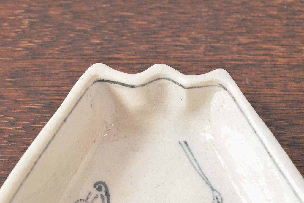 江戸期　古い　富士山型　染付皿5枚(鶴図、変形皿、和食器)(R-052579)