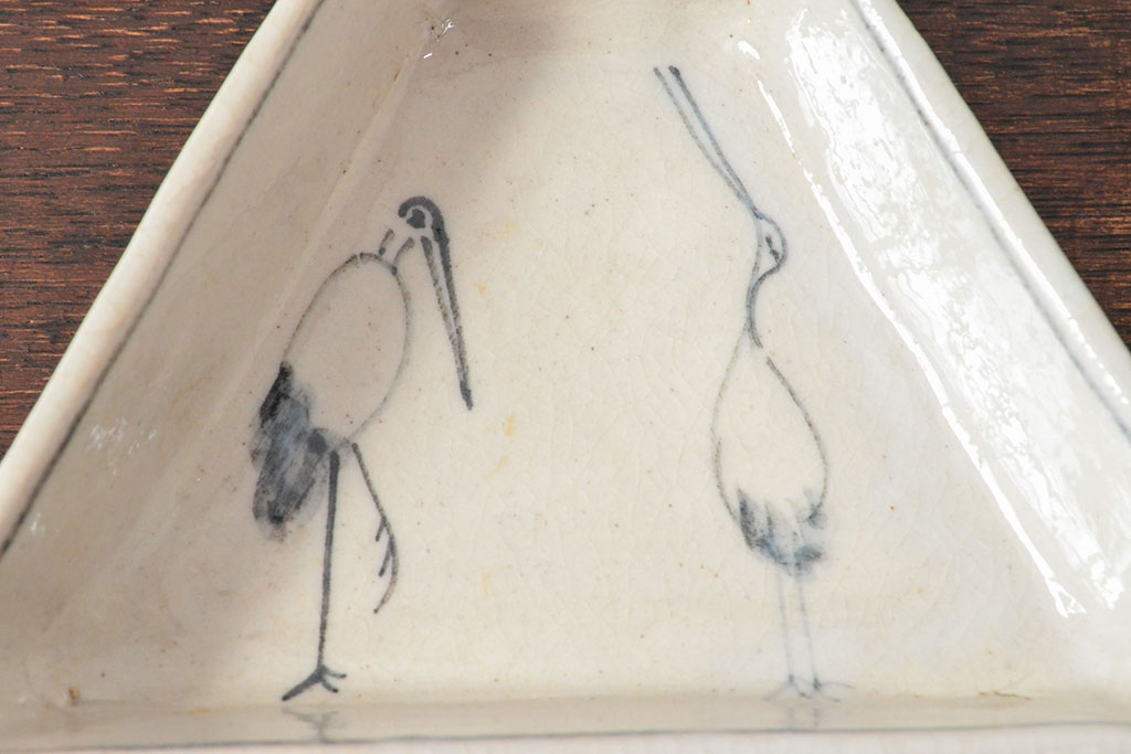 江戸期　古い　富士山型　染付皿5枚(鶴図、変形皿、和食器)(R-052579)