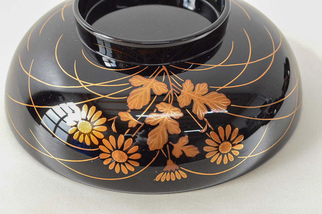 美品　輪島塗　平野漆器店　秋草蒔絵　木製雑煮椀5客(黒漆、お椀、漆器)(R-052616)