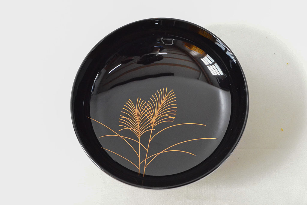 美品　輪島塗　平野漆器店　秋草蒔絵　木製雑煮椀5客(黒漆、お椀、漆器)(R-052616)