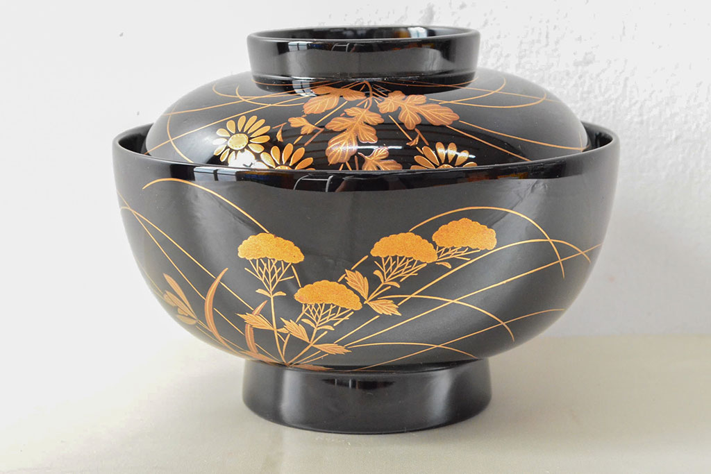 美品　輪島塗　平野漆器店　秋草蒔絵　木製雑煮椀5客(黒漆、お椀、漆器)(R-052616)