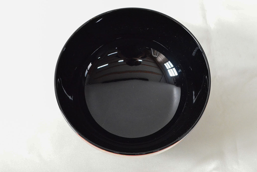 美品　輪島塗　平野漆器店　扇面蒔絵　木製雑煮椀5客(黒漆、お椀、漆器)(R-052617)