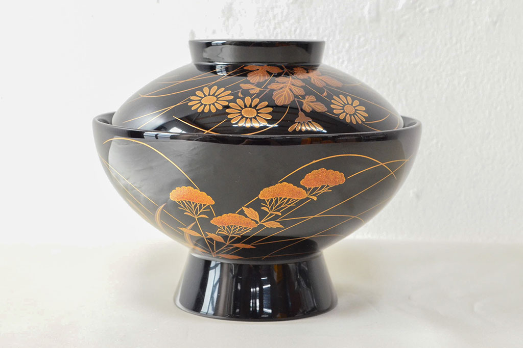 美品　輪島塗　朝楓作　秋草蒔絵　木製吸物椀5客(黒漆、お椀、漆器)(R-052618)