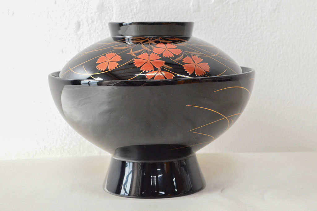 美品　輪島塗　朝楓作　秋草蒔絵　木製吸物椀5客(黒漆、お椀、漆器)(R-052618)