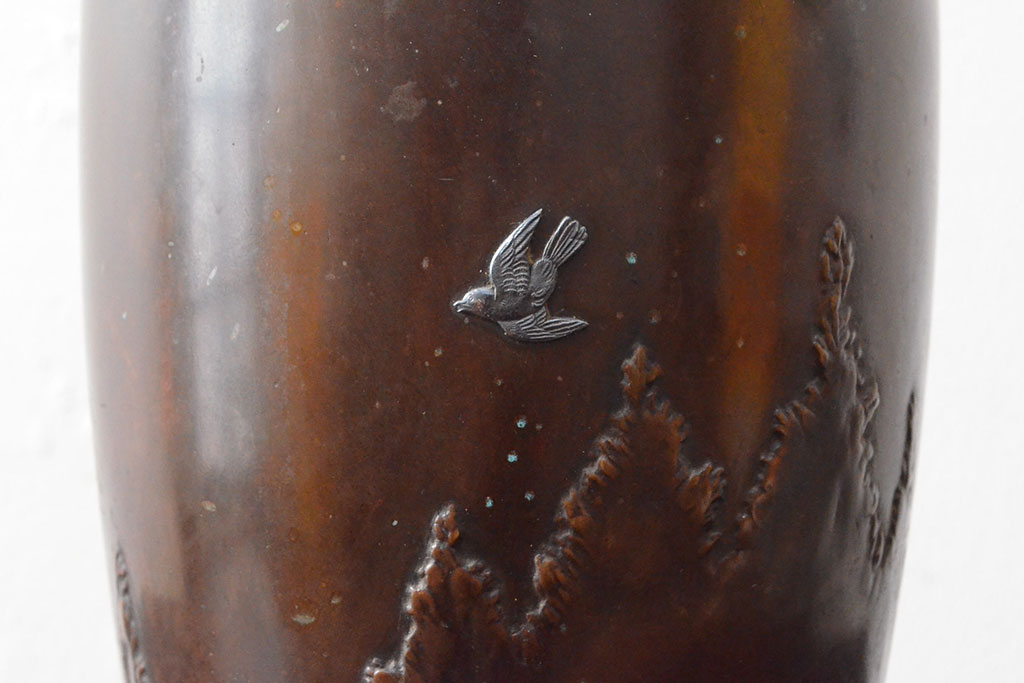 大正〜昭和初期　秋田石川班紫銅　花瓶(月雲に鳥、花器)(R-052699)
