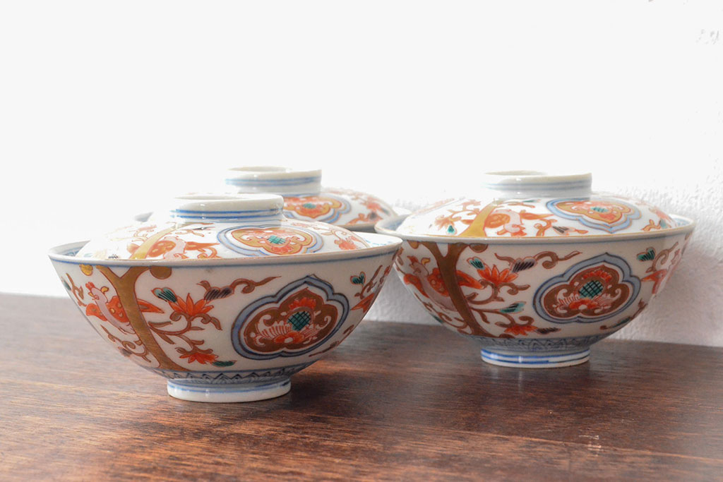 明治期　伊万里焼　色絵染付　蓋茶碗3客(和食器)(R-052756)