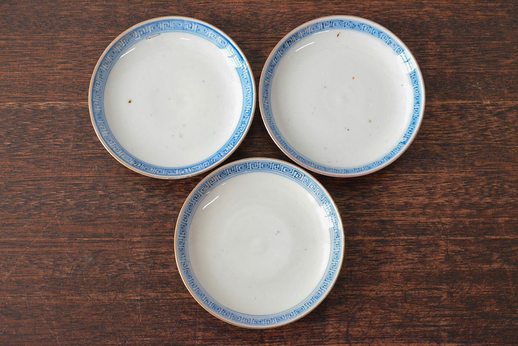 明治期　伊万里焼　色絵染付　蓋茶碗3客(和食器)(R-052756)
