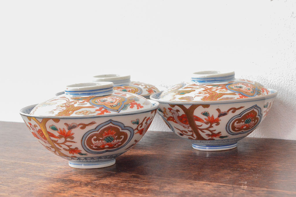 明治期　伊万里焼　色絵染付　蓋茶碗3客(和食器)(R-052758)