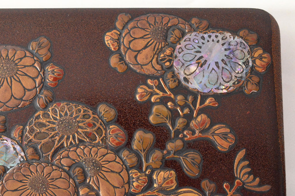明治期　梨地螺鈿高蒔絵　鶏図　木製硯箱(漆器、書道具)(R-052792)