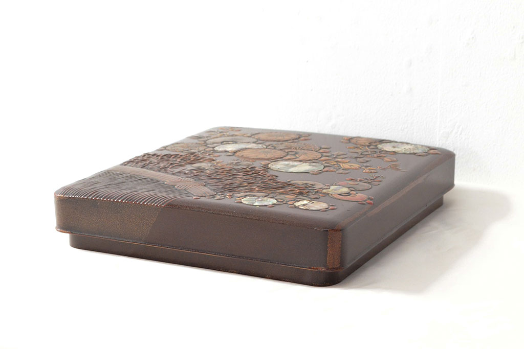 明治期　梨地螺鈿高蒔絵　鶏図　木製硯箱(漆器、書道具)(R-052792)