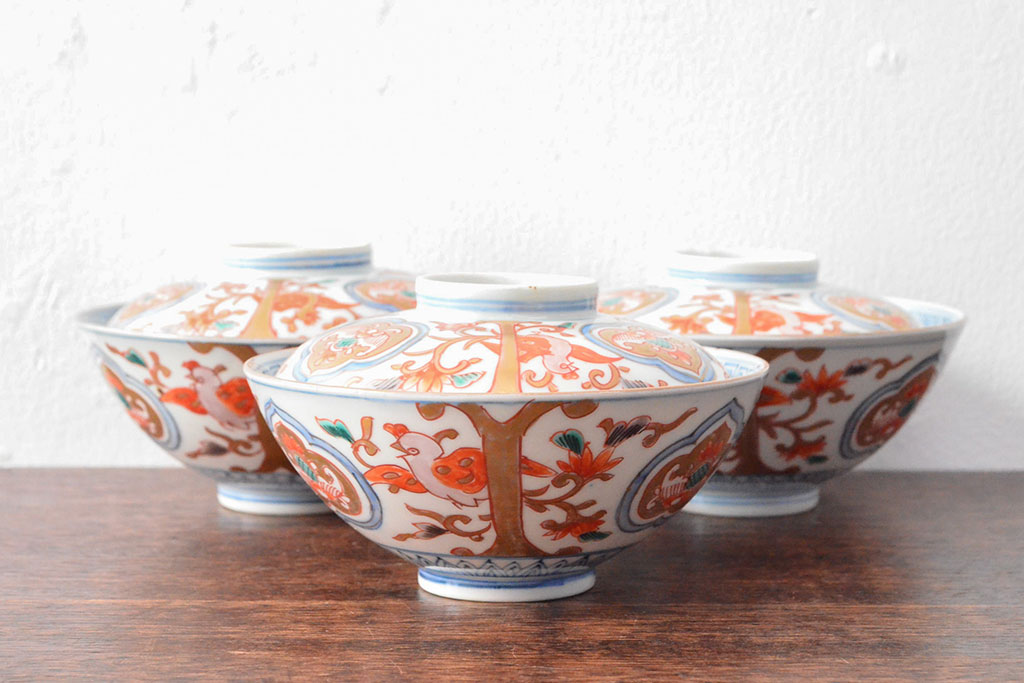 幕末〜明治　色絵染付　蓋茶碗3客(和食器)(R-052808)