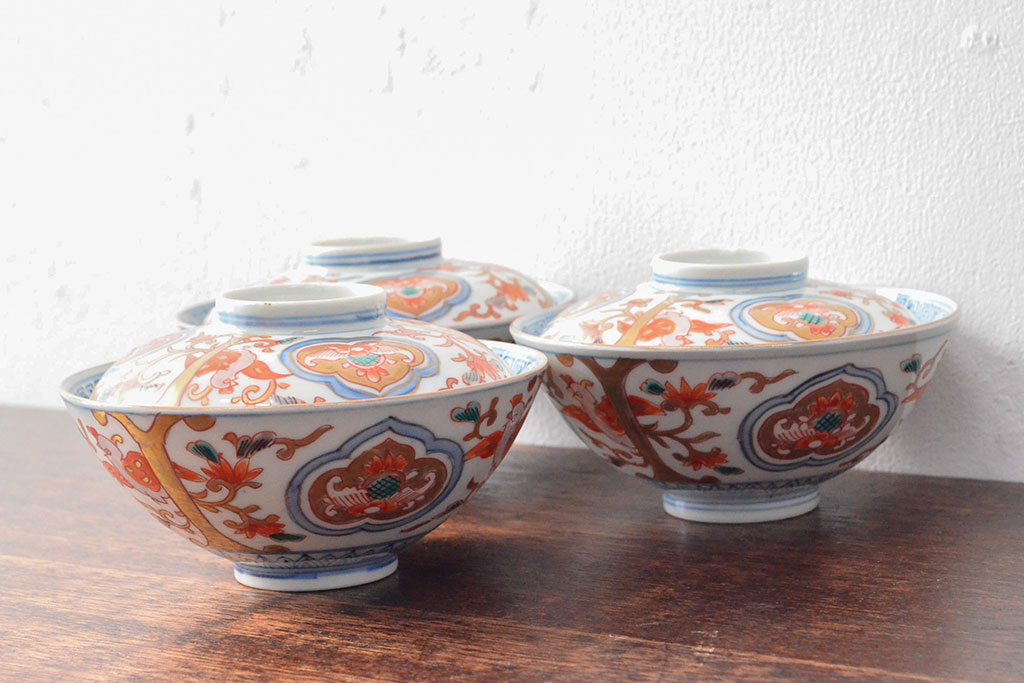 幕末〜明治　色絵染付　蓋茶碗3客(和食器)(R-052808)