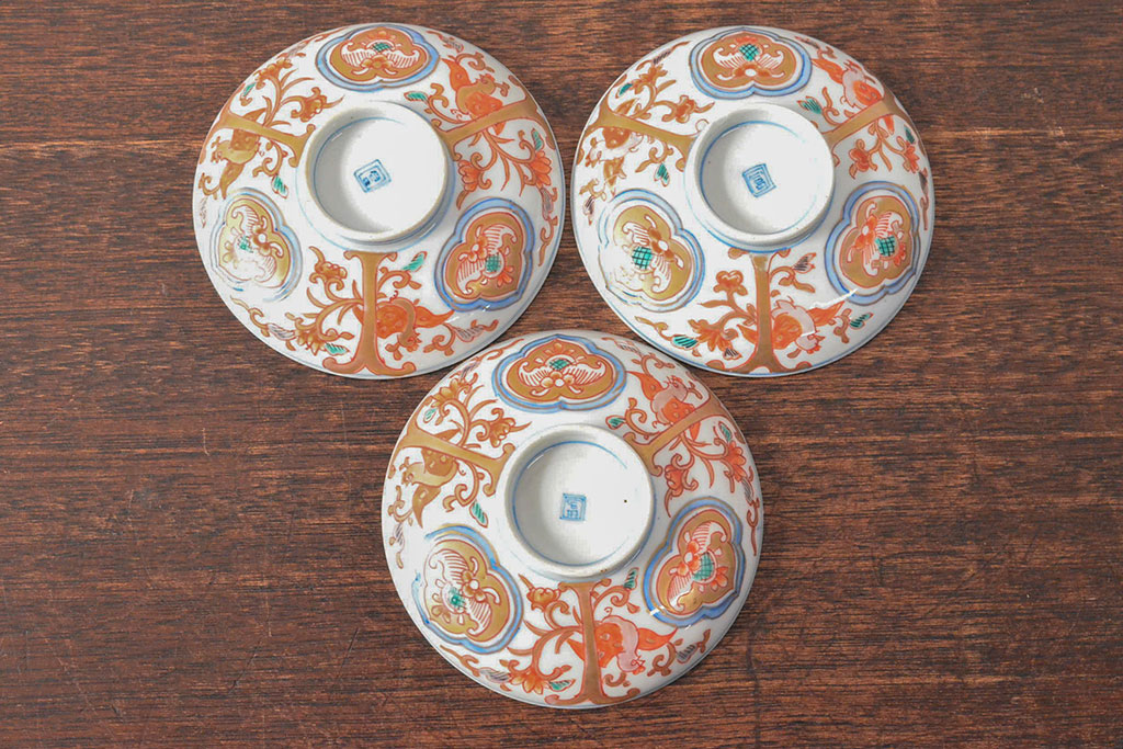 幕末〜明治　色絵染付　蓋茶碗3客(和食器)(R-052808)