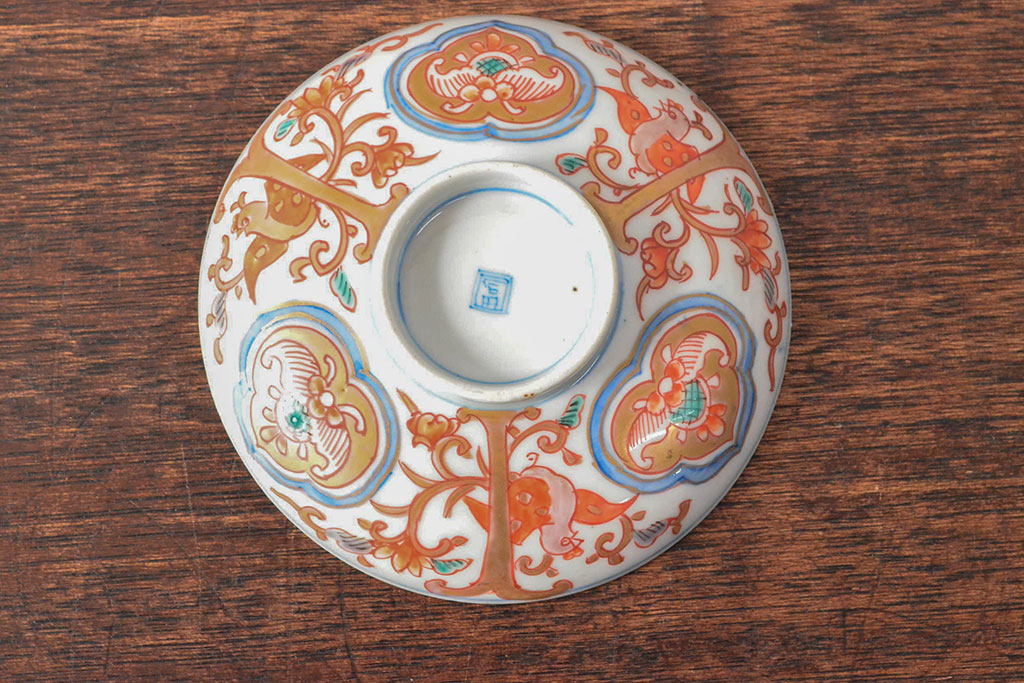 幕末〜明治　色絵染付　蓋茶碗3客(和食器)(R-052808)