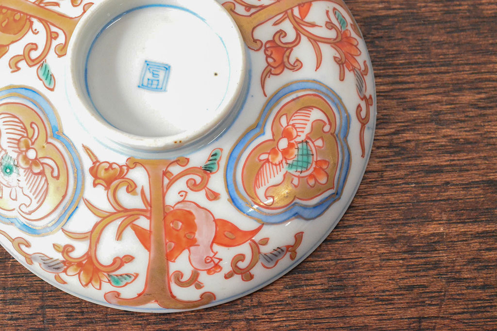 幕末〜明治　色絵染付　蓋茶碗3客(和食器)(R-052808)