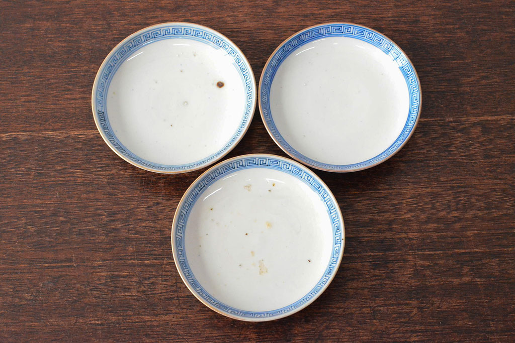 幕末〜明治　色絵染付　蓋茶碗3客(和食器)(R-052808)