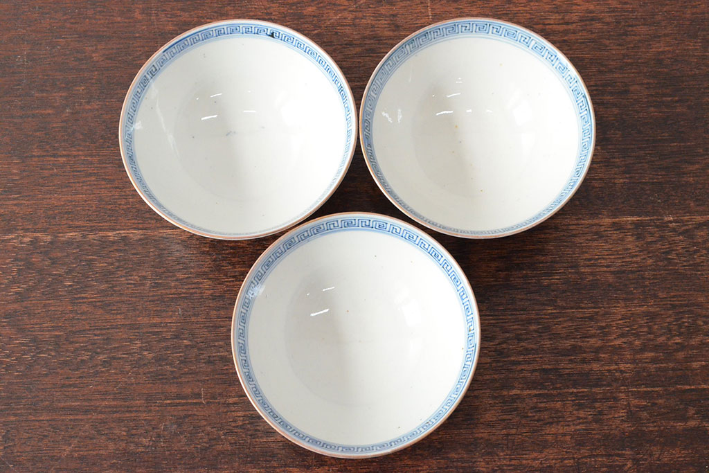 幕末〜明治　色絵染付　蓋茶碗3客(和食器)(R-052808)