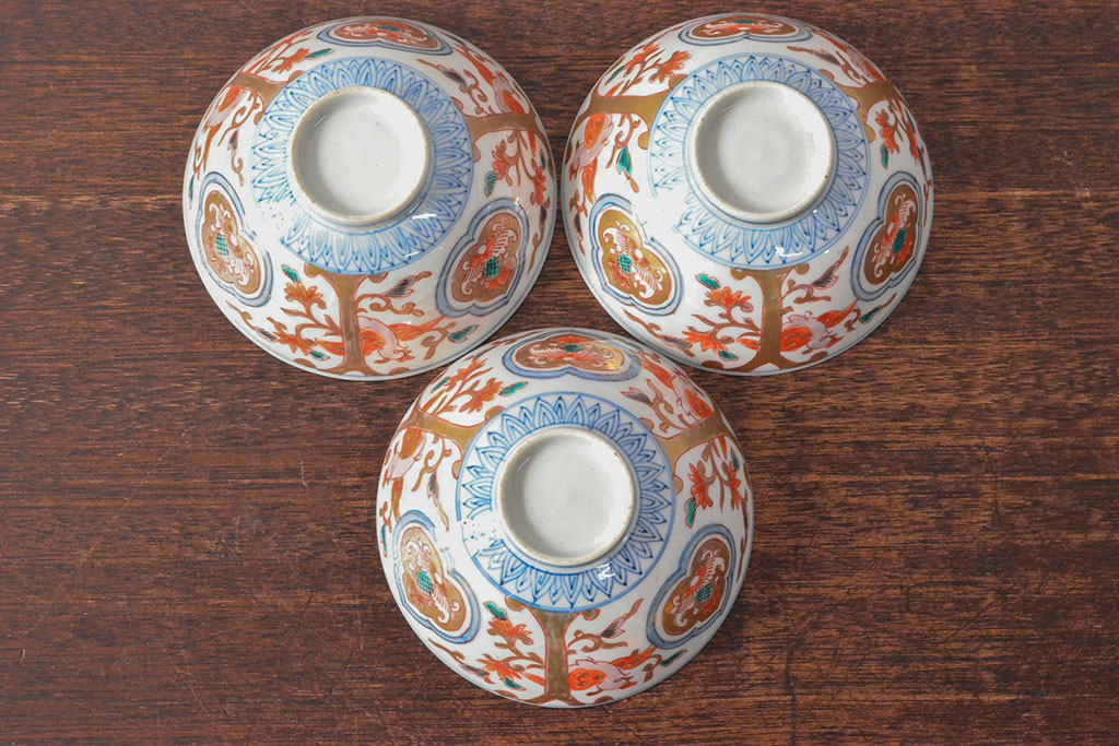 幕末〜明治　色絵染付　蓋茶碗3客(和食器)(R-052808)