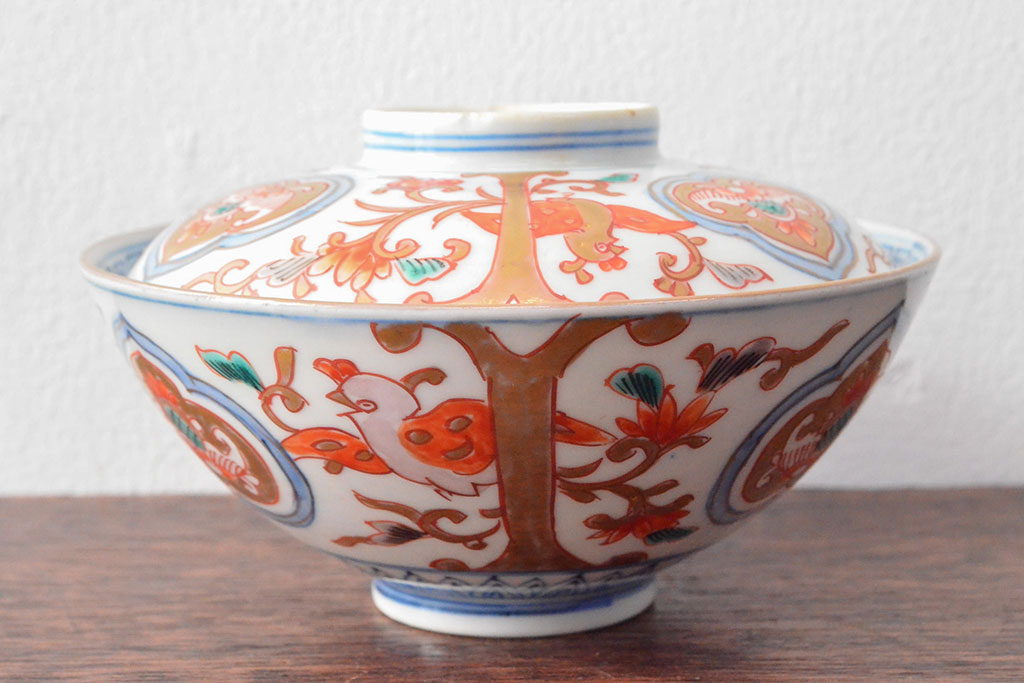 幕末〜明治　色絵染付　蓋茶碗3客(和食器)(R-052808)