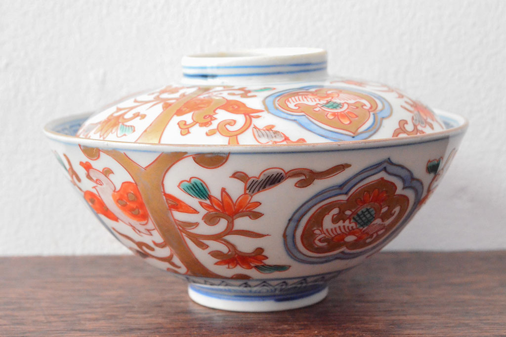 幕末〜明治　色絵染付　蓋茶碗3客(和食器)(R-052808)