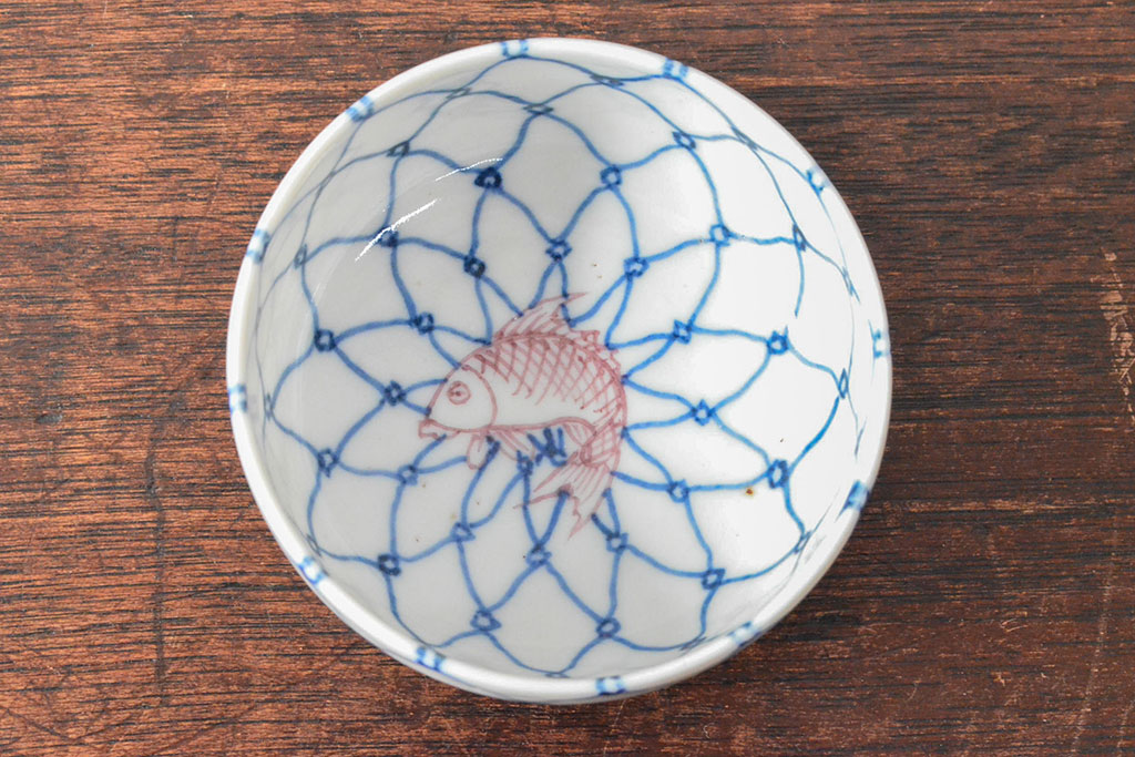 大日本米禽製　鯉の図　染付湯呑7客セット(茶道具、和食器)(R-052851)
