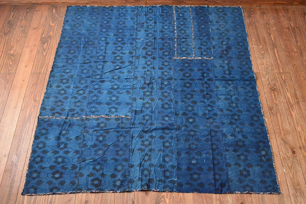 明治期　赤入り藍型染木綿古布(布団皮、藍染)(R-052913)