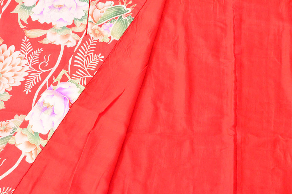大正〜昭和初期　総花柄縮緬着物(振袖、古布、赤縮、正絹)(R-052914)