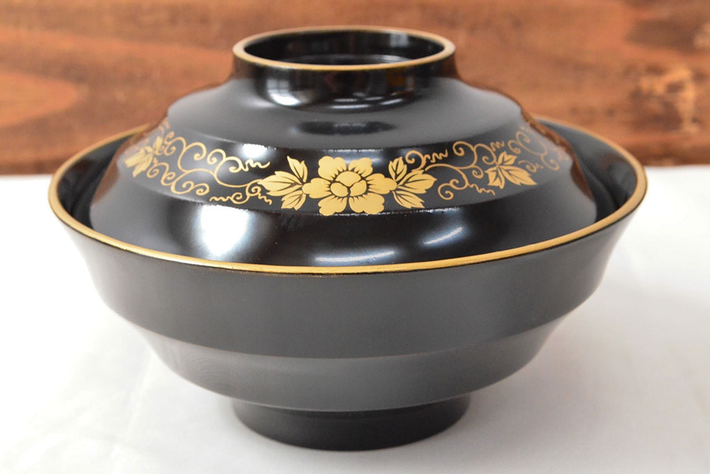 大正〜昭和初期　黒漆金蒔絵　木製椀10客(お椀、漆器)(R-052945)