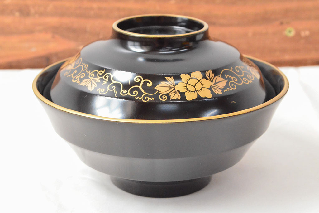 大正〜昭和初期　黒漆金蒔絵　木製椀9客(お椀、漆器)(R-052946)