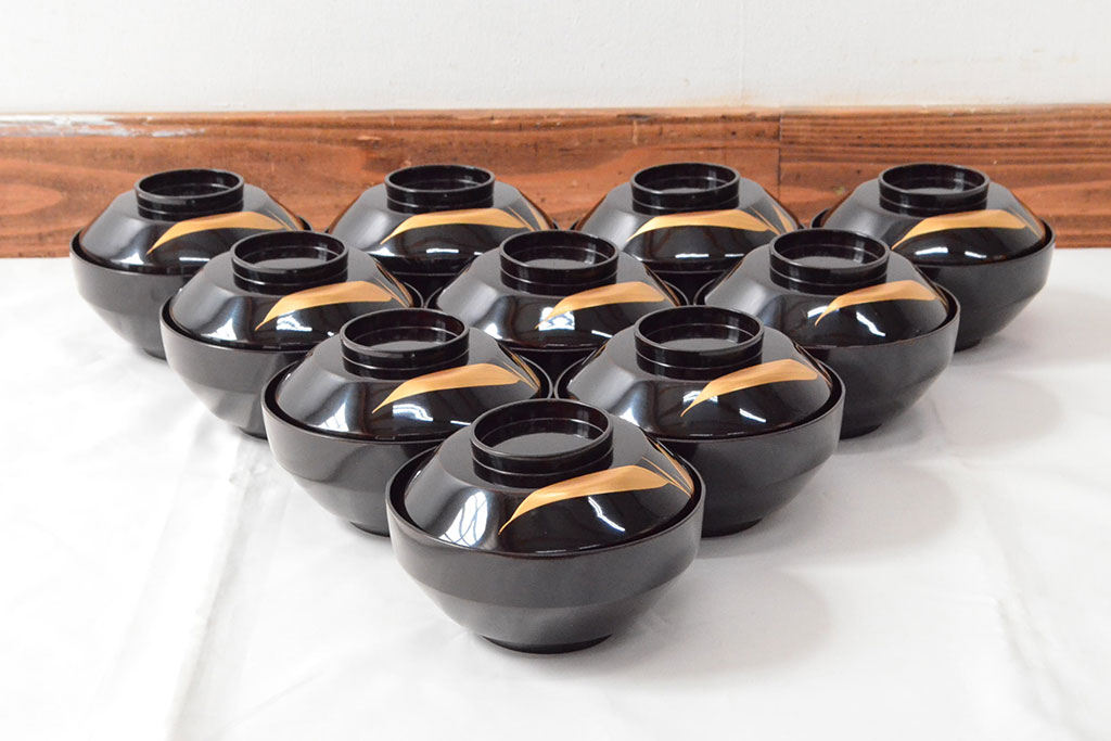 明治〜大正　輪島塗　金蒔絵の見事な木製椀10客(漆器、お椀)(R-053060)