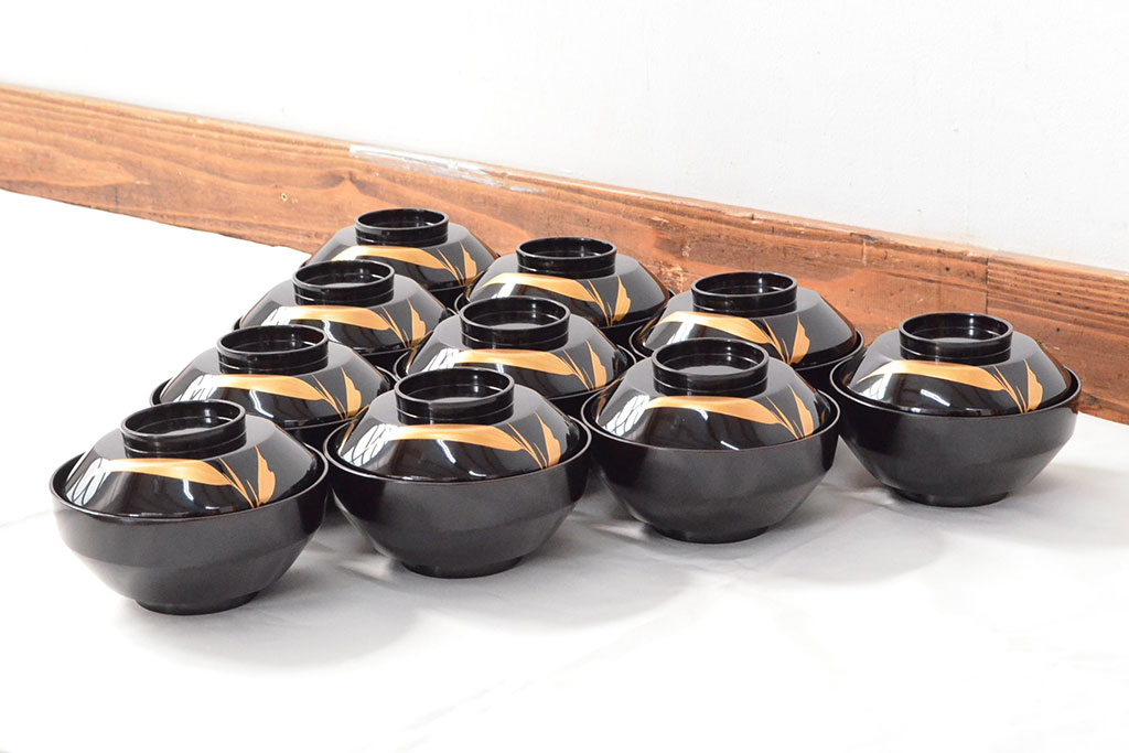 明治〜大正　輪島塗　金蒔絵の見事な木製椀10客(漆器、お椀)(R-053060)