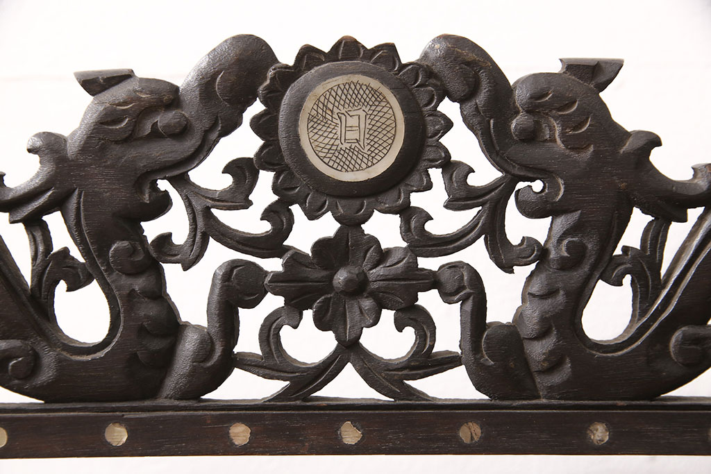 時代物　古い　李朝螺鈿細工　龍彫刻　座鏡(中国、ミラー)(R-053179)
